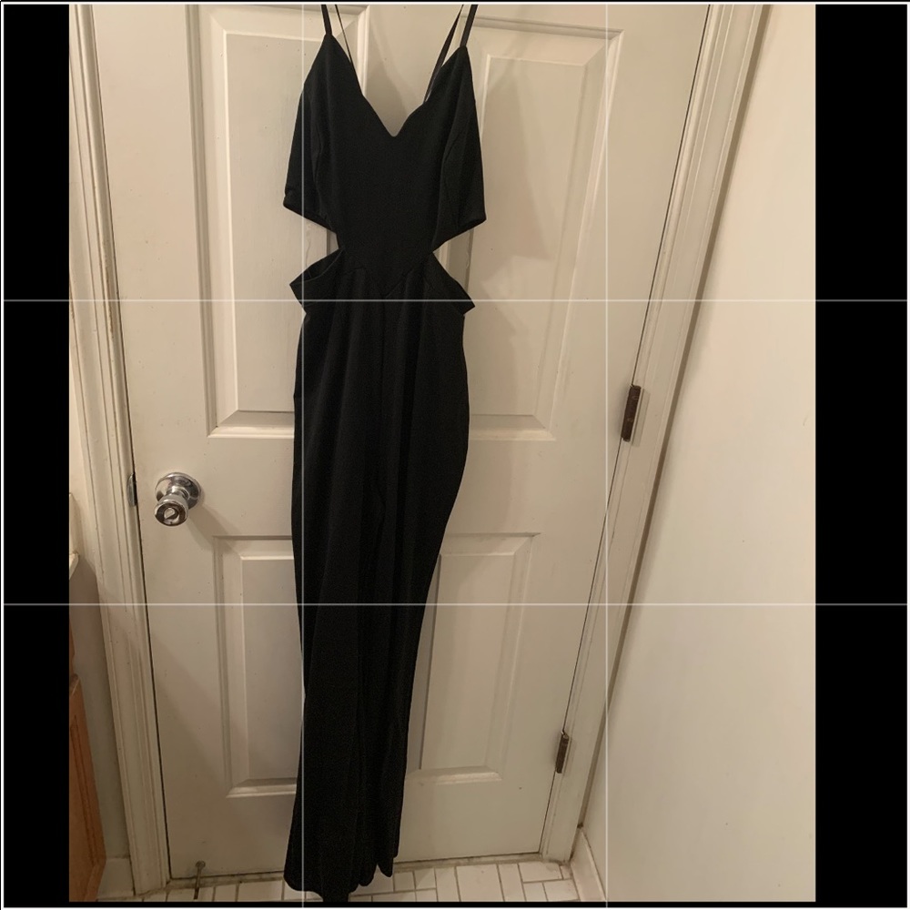 Black cutout pants jumpsuit v neck elastic straps